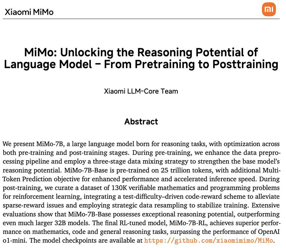 小米开源首个推理大模型 Xiaomi MiMo,7B 参数模型性能亮眼插图4 小米开源首个推理大模型 Xiaomi MiMo,7B 参数模型性能亮眼插图4