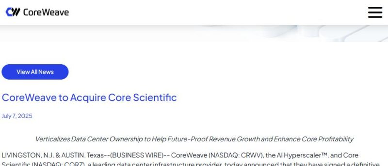 90亿美元全股票交易!CoreWeave收购Core Scientific,剑指AI云服务新布局-会懂网