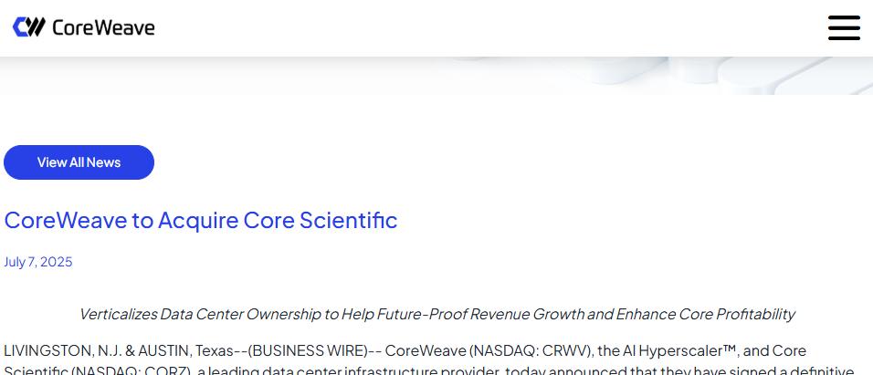 90亿美元全股票交易!CoreWeave收购Core Scientific,剑指AI云服务新布局插图 90亿美元全股票交易!CoreWeave收购Core Scientific,剑指AI云服务新布局插图